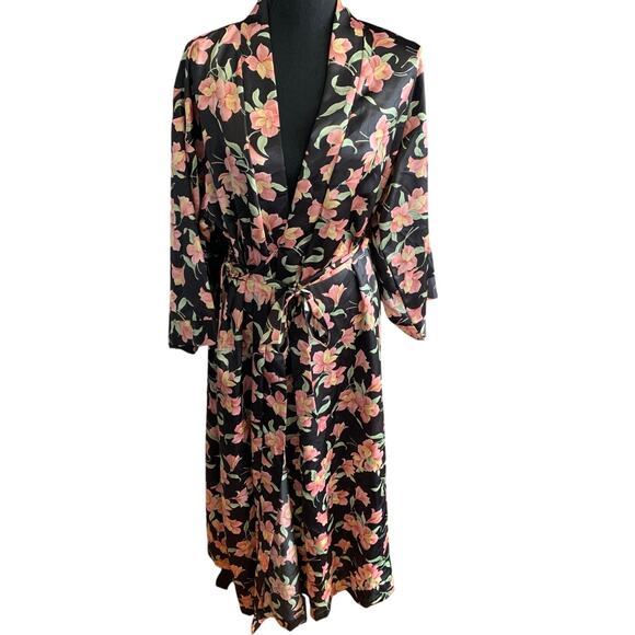Vintage Dentelle Satin Floral Robe Black Pink Green Loungewear Resortwear SMALL - Picture 2 of 15